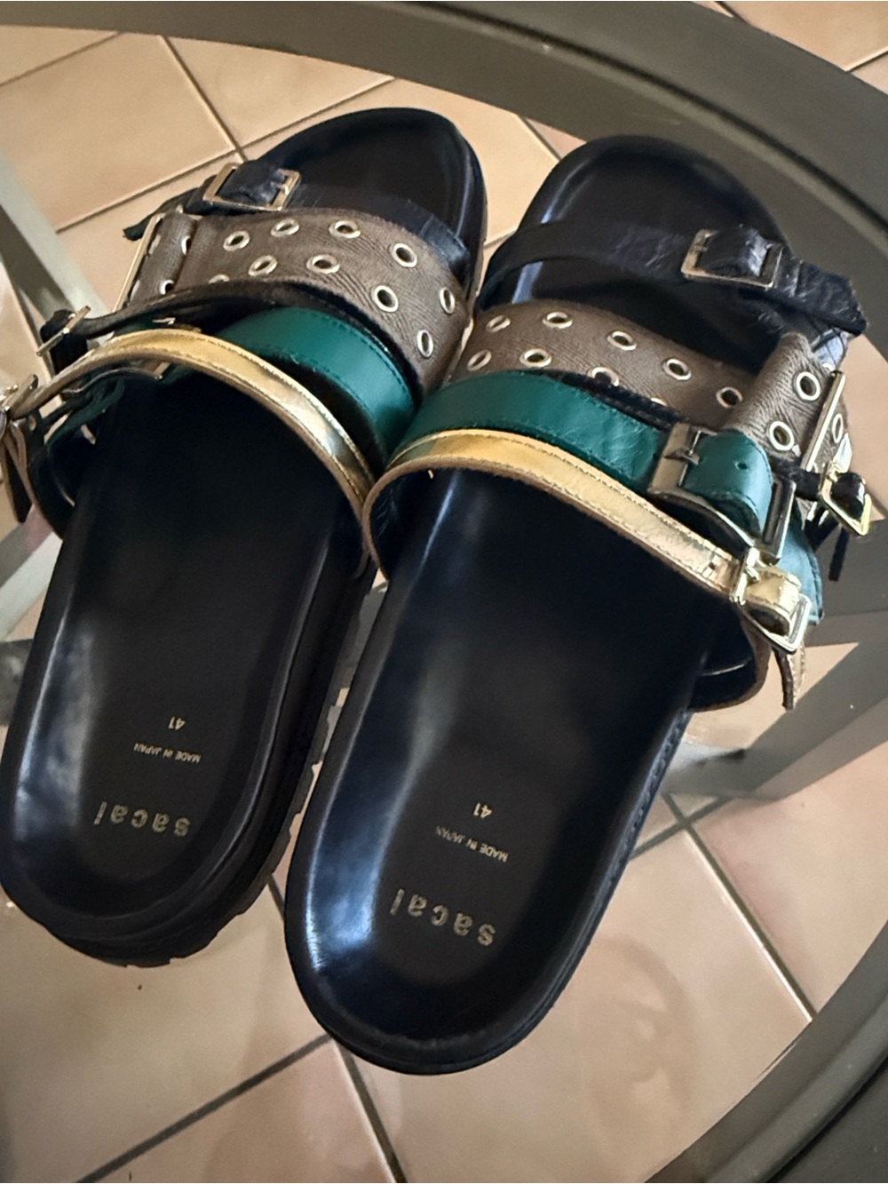Sacai Black, Green & Gold Leather Buckle Slide Sandals